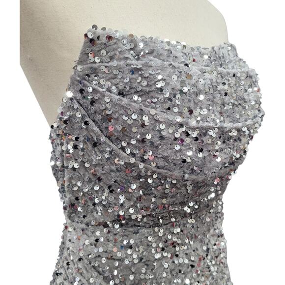 NWT Silver Strapless Sequin Evening Gown with Corset Back on Velvet Fabric - Picture 2 of 13